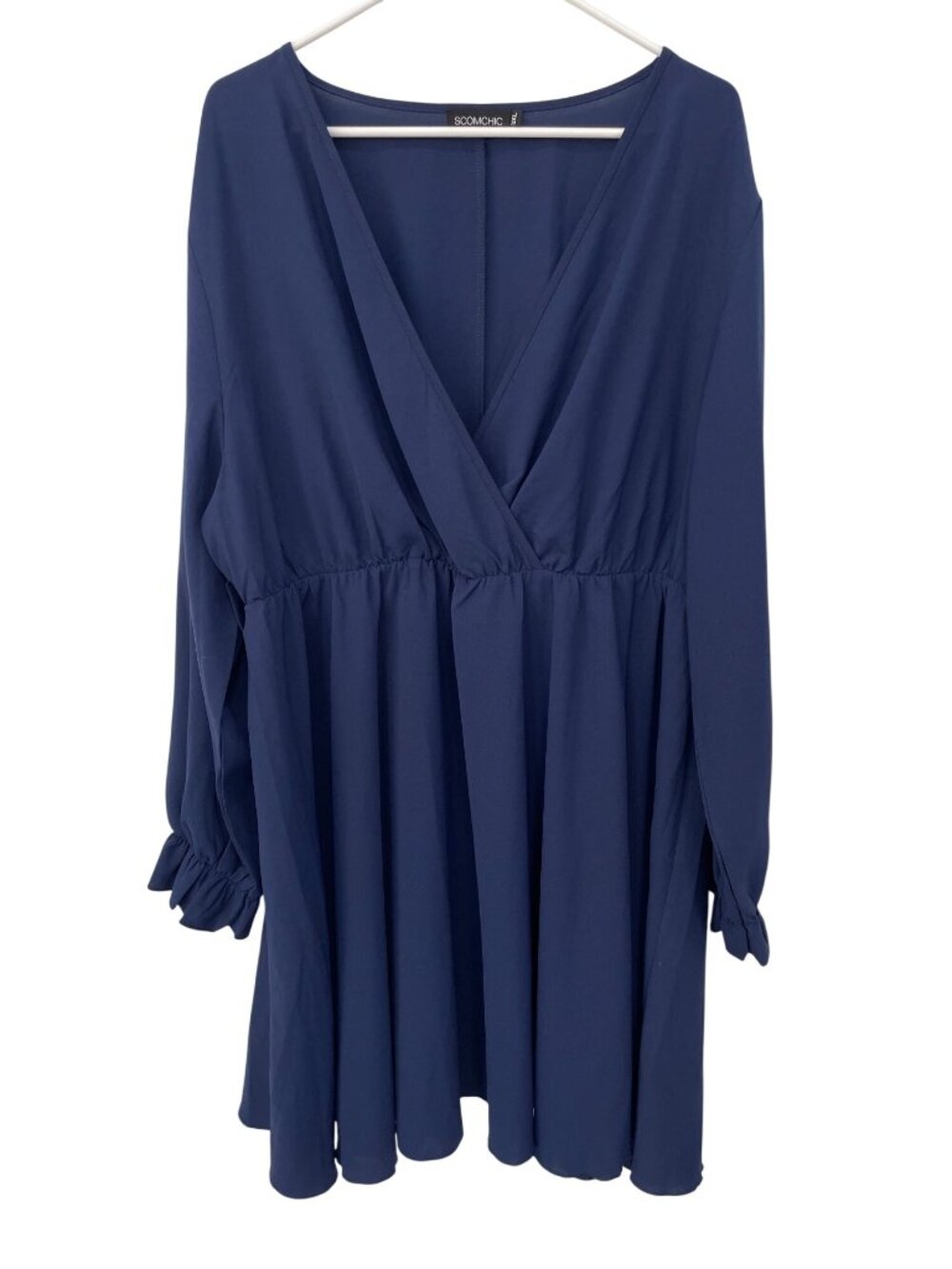 SCOMCHIC Dress 3XL Faux Wrap A Line V Neck Long Sleeve Plus Navy Blue Officewear
